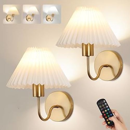 Wireless Wall Sconce Sets of 2, Pleated Shades Rechargeable Battery Operated Wall Sconce, Retro gooseneck Gold Wall Lights Bathroom Vanity Sconces, Wall Mounted Lamps for Bedroom Living Room Kitchen