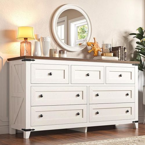 EnHomee Dresser for Bedroom with 7 Drawers White Dresser with Smooth Metal Rail TV Stand for Bedroom, Hallway, 15" D x 51.2" W x 31.5" H, Antique White