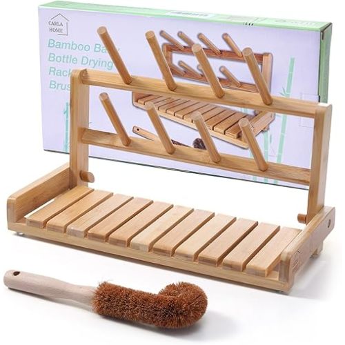 Bamboo Baby Bottle Drying Rack, Portable Dish Drying Rack, Includes Bamboo Bottle Brush, Baby Essentials Item, Space Saving and Easy to Clean for Mums, Birthday Box