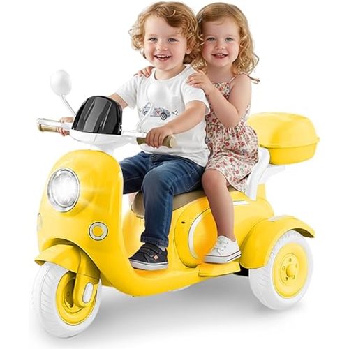 12V 2-Seater Ride on Motorcycle for Kids, 3 Wheel Electric Motorbike with Dual 25W Motors, Toddler Moped Scooter with Bluetooth Music, Battery Powered Toy for Girls Boys 3-6 Years, Yellow
