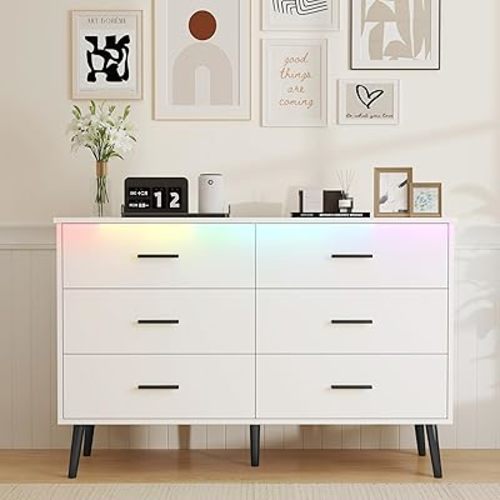 White Dresser for Bedroom, Dressers & Chests of Drawers for Clothes Storage, Wood Dresser for Closet with 6 Drawers, Wide Long Clothes Organizer with LED Light for Hallway, Entryway, Black Handles
