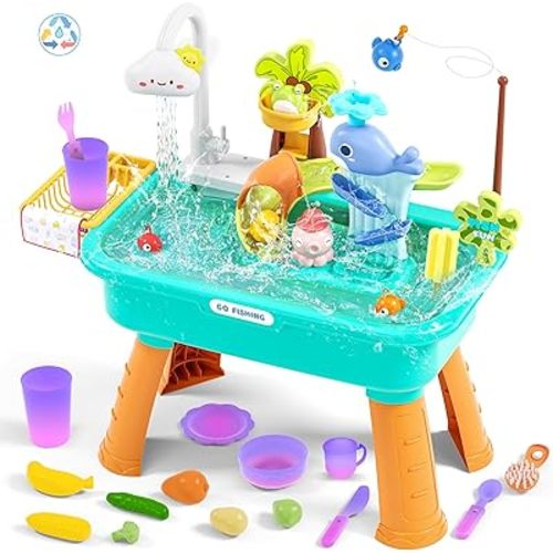 2026 Upgraded Kitchen Sink Toys, Water Table for Toddlers 1-3 3-5, Water Table for Kids Ages 4-8, Toddler Water Play Table|Beach Outdoor Toys, Summer Gift for Girl Boy 3 4 5 6 7 8, Orange&Green