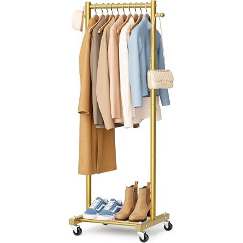 SLEEPING LAMB Small Clothes Racks for Hanging Clothes, Rolling Clothing Rack with Shelves, 60" Metal Garment Rack with Wheels Portable Wardrobe Rack for Small Space, Gold