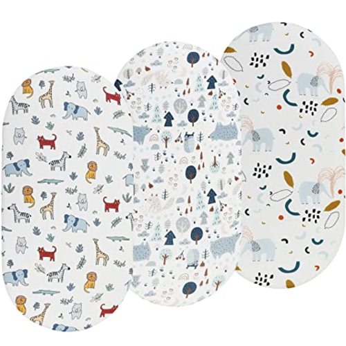 Onacosht Bassinet Sheets 3 Pack for Baby Boy and Girl, Soft Stretchy Universal Fitted Sheet Set for Oval Rectangle Hourglass Bassinet Mattress, Elephant Fox Lion Bear Giraffe Zebra Printing