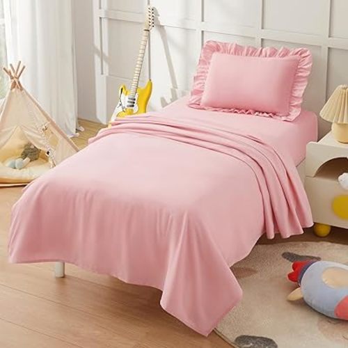 KKJIAF 3 Piece Toddler Sheet Set Microfiber, Includes a Flat Sheet, a Fitted Sheet and a Ruffle Pillowcase, Light Pink