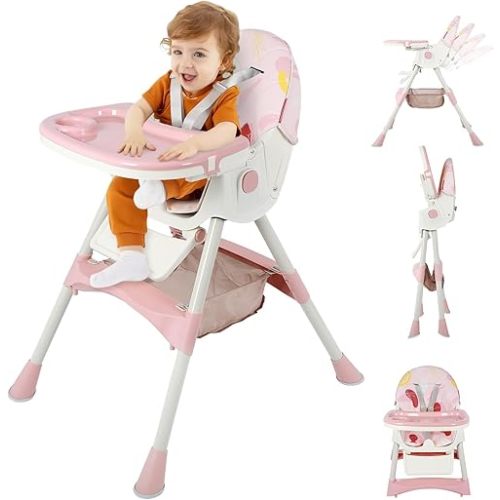 6-in-1 Foldable Baby High Chair for Babies & Toddlers – Adjustable Height & Recline, 5-Point Safety Harness, Removable Tray | Portable Highchair, Space-Saving & Easy Clean | Silla de Comer para Bebé
