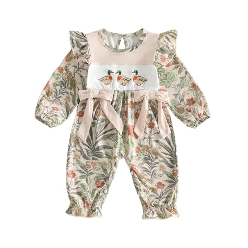 Newborn Baby Girl Outfit Hunting Camo Ruffle Jumpsuit One Piece Clothes | Mallard duck embroidery, Long sleeve, Smocked bubble romper, Fall winter clothes for girls 0-18 months