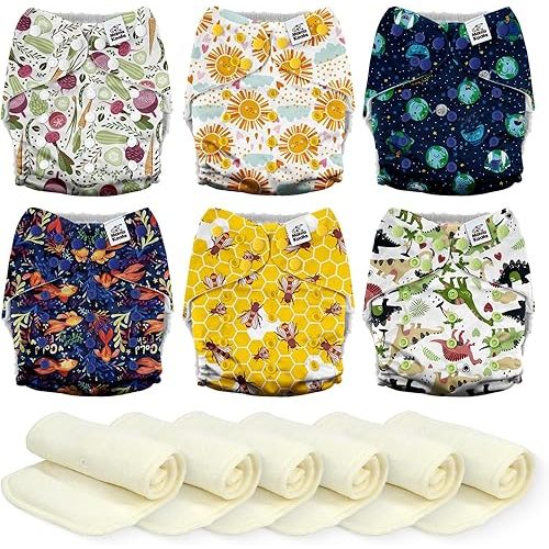 Mama Koala 3.0 Cloth Diapers for Babies, 6 Pack One Size Washable and Reusable Pocket Diapers for Newborns and Toddlers (Animals and Earth)
