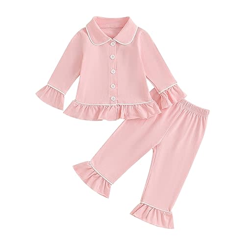 fhutpw Toddler Baby Girls Pajamas Set Cotton Long Sleeve Ruffle Button PJs | 6M-6Y, Soft Solid Color Pajamas with Peter Pan Collar, Button Shirt Tops & Ruffle Pants, Cozy Sleepwear Loungewear 2Pcs