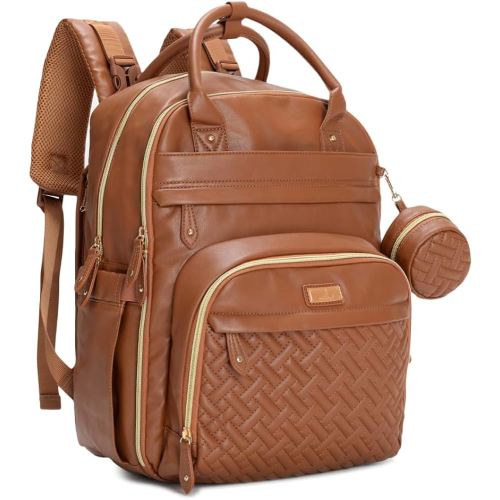 BabbleRoo Leather Diaper Bag Backpack - Baby Essentials Travel Baby Bag, Multi function, Water Resistant, with Changing Pad, Stroller Straps & Pacifier Case – Unisex, Natural Brown