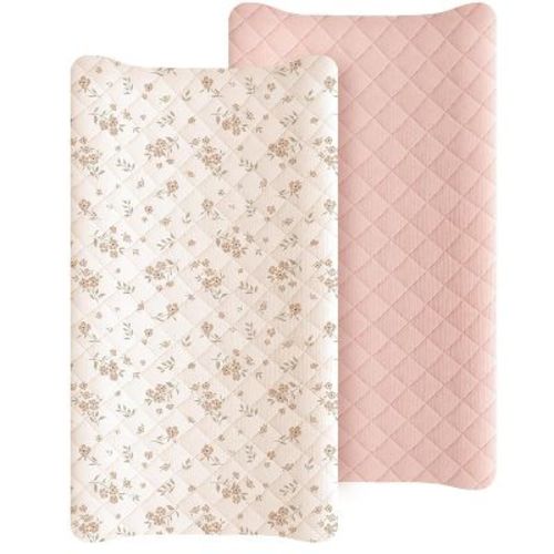 LISM 2 Pack Waterproof Changing Pad Cover,Cotton Quilted Diaper Changing Pad Sheets(Blossom,Pink)