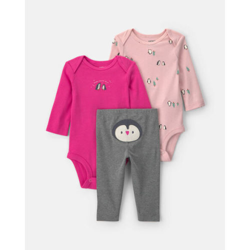 Baby Girl 3-Piece Penguin Long-Sleeve Bodysuit & Pant Set - Pink | Carter's