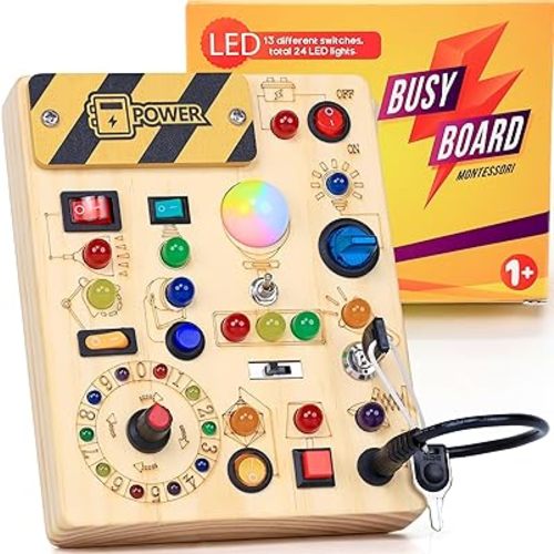 RichBoy Busy Board for 1-3 Year Old, LED Light Sensory Toys for Kids with Autism, Wooden Fine Motor Skills Montessori Toys, Toddlers Birthday Gift (Activity Sturdy, Well-Made)