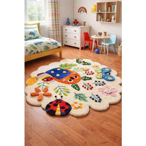 Kids Garden Bug Area Rug | Handmade Tufted Ladybug Butterfly Nursery Carpet | Colorful Floral Playroom Floor Mat