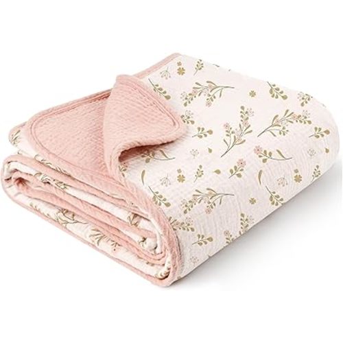 Konssy Muslin Baby Blankets for Girls Boys, 100% Cotton Crib Blanket for Infant Toddler, Super Soft and Lightweight Nursery Swaddling Wrap 40"x36" (Floral)