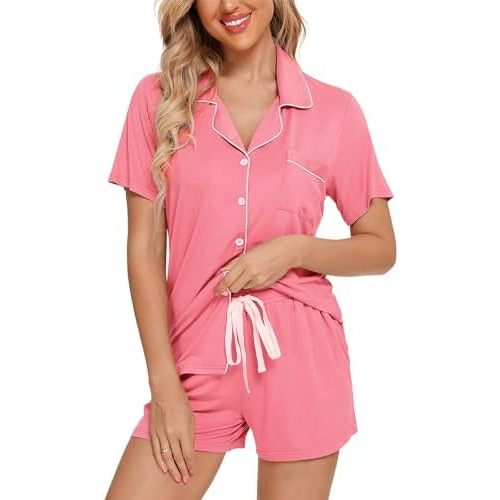 Pjmlifecoco Women's Modal Pajama Set Short Sleeve Button Down Two Piece Soft Sleepwear with Shorts Loungewear S-XXL