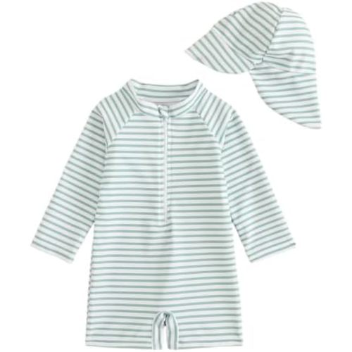 FishingDino Baby Swimsuit Newborn Girl Boy Rash Guard Set 0M-3T, Long Sleeve UPF Toddler Bathing Suit with Hat & Front Zipper