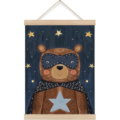 KRHFG Whimsical Brown Bear Nursery Wall Art Poster Framed, Bears Lover Gifts for Kids, Navy Blue Mystical Star Bear Hero Hanging Canvas Prints Wall Decor for Kids Room Nursery Playroom, 12x16 Inch