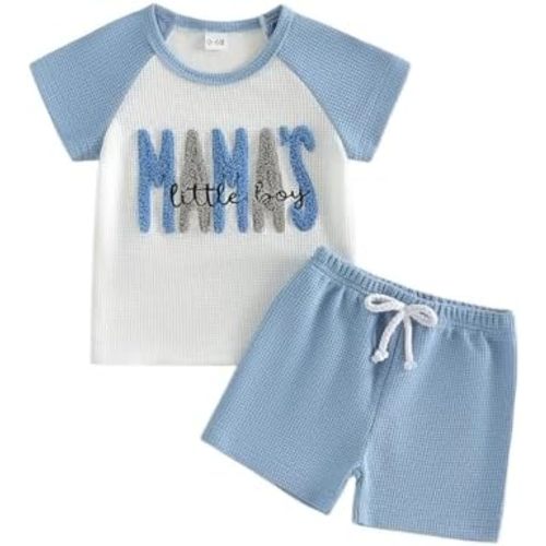 Toddler Baby Boy Summer Clothes Waffle Striped Embroidered T-Shirt Short Set Infant Outfit 6 12 18 Months 2T 3T