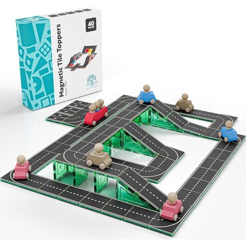Learn & Grow Magnetic Tiles Road Expansion Pack - 40PCs Road Toppers Set for Cars, STEM Learning & Building Toy - Magnetic Tile Accessories for Kids 3+, Toddler - Add Car Roads to Any Magnet Tiles Set
