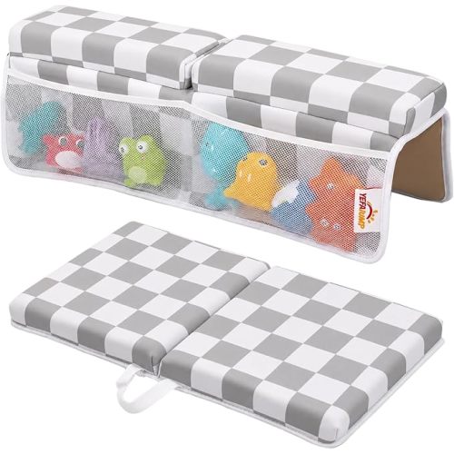 Bath Kneeler and Elbow Rest Pad Set - 1.5'' Thick Baby Bath Kneeler Pad, Foldable Memory Foam Kneeling Pad with 4 Toy Organizer Pockets, Quick Dry, Non-Slip, Checkered Pattern, Baby Bath Essentials