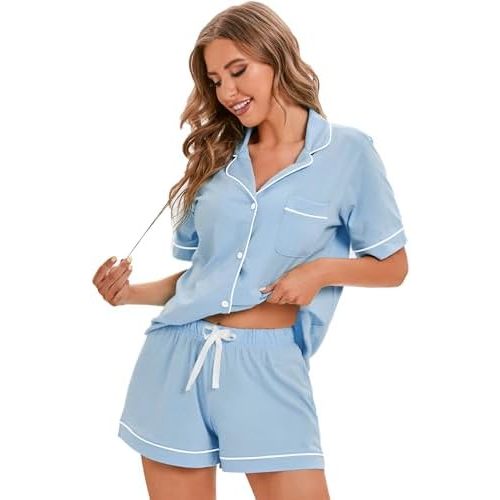 LUBOT 100% Cotton Pajamas for Women 2 Piece PJ Set Button-Down Soft Knit Short Sleeve Summer Sleepwear Loungewear XS-XXL