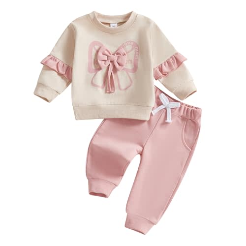 Kupretty Baby Girl Clothes Toddler Fall Winter Outfit Ruffles Crewneck Bow Pullover Sweatshirt + Joggers Pants Set