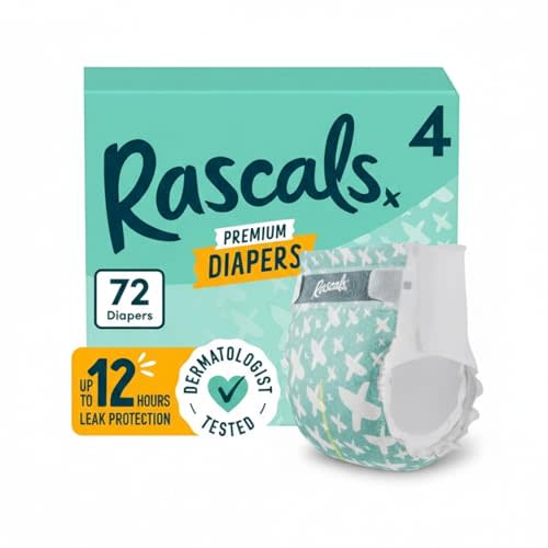 Rascals Premium Absorbent Baby Diapers, Premium Diapers, Diapers, Babydiapers, Disposable Baby Diapers, Fragrance-Free, Latex-Free, Lotion-Free, Size 4, 72 Count- by Platdistro