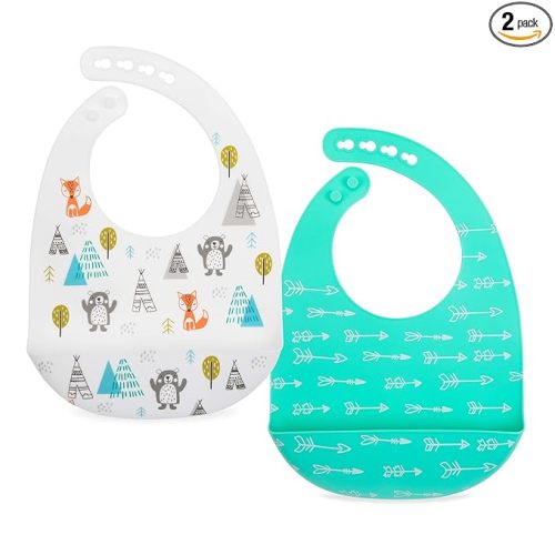 Nuby 2 Pack Adjustable Easy Clean Soft Silicone Bibs with Scoop, Arrows & Bears/Foxes