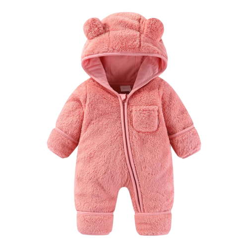Ltctricy Newborn Baby Fleece Jumpsuits Long Sleeve Zip up Fuzzy Hooded Rompers Plush Onesie Outwear Outfits with Pocket(Pink,6-9 Months)