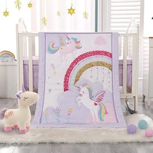 Wowelife Mini Girl Crib Bedding Set, 3 Piece Unicorn Mini Crib Comforter Set, Baby Girl Nursery Bedding Set Include Breathable Comforter, Crib Skirt and 38x24 Sheet, Purple