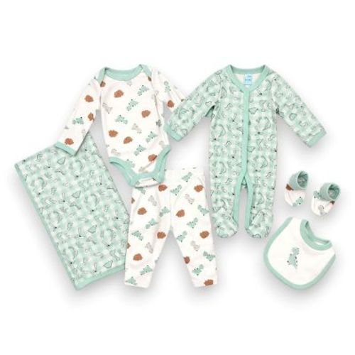 Little Dreamer Infant Boys' 6-Piece Layette Sleepwear-Coverall, Bodysuit, Pants, Blanket, Bib & Bootie Set, Green Dew/Dinos, 3/6 Months
