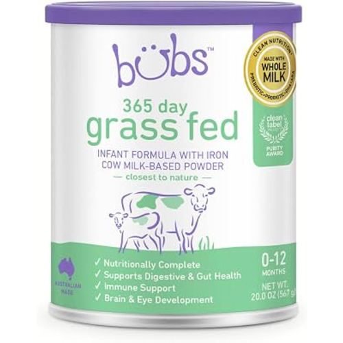 Amazon.com: Bubs 365 Day Grass Fed Infant Formula for 0-12 Months, Non-GMO Milk, 20oz | Cow Milk-Based Powder with Iron, DHA, Prebiotics & Probiotics to Support Gentle, Digestive Health : Baby