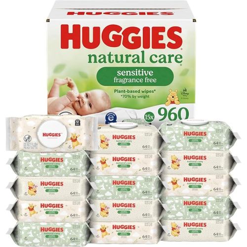 Huggies Natural Care Sensitive Baby Wipes, Unscented, Hypoallergenic, 99% Purified Water, 15 Flip-Top Packs (960 Wipes Total)