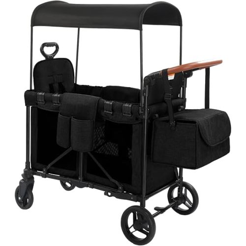 Stroller Wagon for 2 Kids, Baby Wagon Stroller for 2 Seaters, All-Terrain Kids Wagon with Canopy, Parent Organizer, Adjustable Handle & Pull Bar for Infants and Toddlers (Blue) (Black)