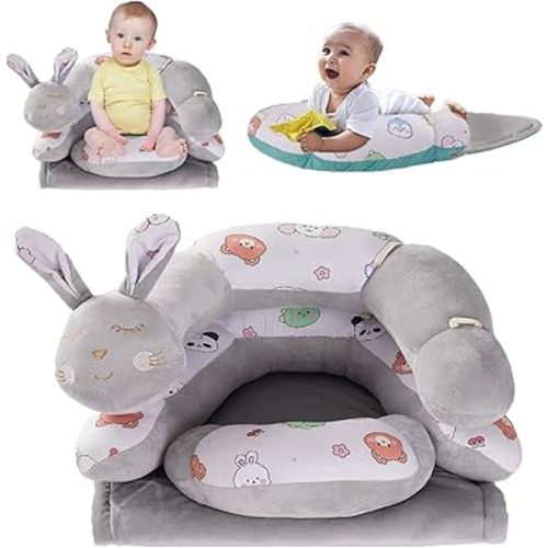 2-in-1 Tummy Time Mat Floor Seated Support Pillow,Baby Tummy Breastfeeding Time Pillow Support for Newborns and Older Babies with Detachable Support Pillow (Rabbit and Bear)