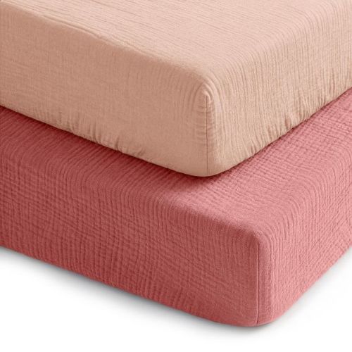 Comfy Cubs 100% Muslin Crib Fitted Sheet 2 Pack, Dusty Rose and Blush - 100% Cotton, Soft & Breathable Crib Sheets - Snug Fit, Secure Elastic