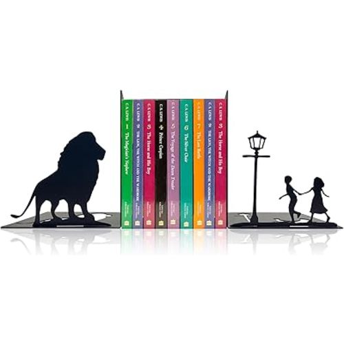 Lion & Lamp Post Decorative Bookends – Magical Themed Book Ends for Shelves, for Narnia Fans & Literary Decor Lovers