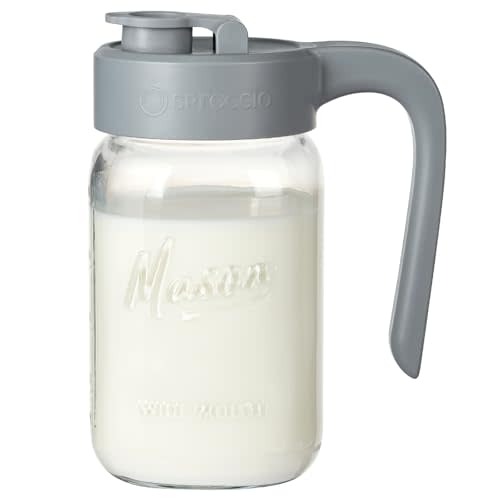 Mason Jar Pitcher, 32 oz (1 quart), Glass Pitcher with Lid | Airtight, Leak proof, Ergonomic Handle, Pour Spout Lid, Fridge Safe, for Sun Tea, Iced Tea, Cold Brew, Lemonade, Outside