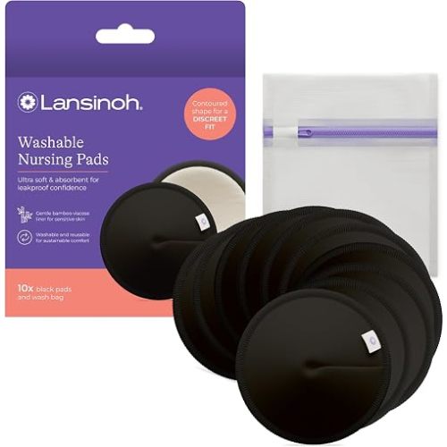 Lansinoh Washable Nursing Pads, Black, Made with Organic Bamboo Viscose, Reusable Breast Pads for Breastfeeding, Includes Wash Bag, 10 Count