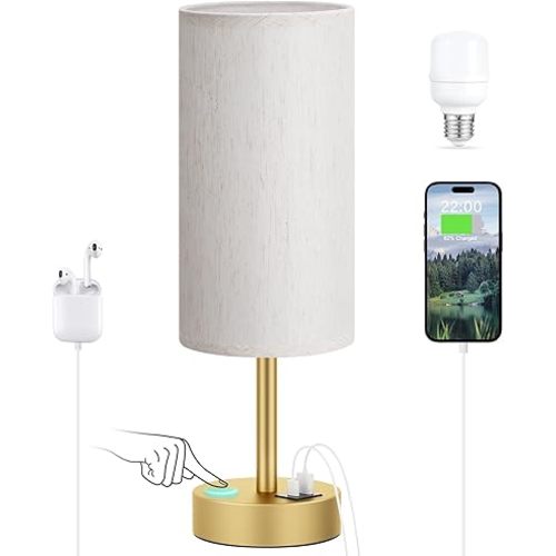 Small Touch Bedside Lamp with USB - 3 Way Dimmable Gold Table Lamp for Bedroom, Nightstand Lamp with Gold Charging Station for Desk Dorm, Office