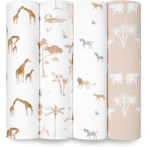 aden + anais Boutique Organic Swaddle Blanket 4-Pack – 100% Organic Cotton Muslin, Large, Soft, Breathable Receiving Blankets for Infants – Lightweight Multi-Use Baby Swaddles, Safari Dreams