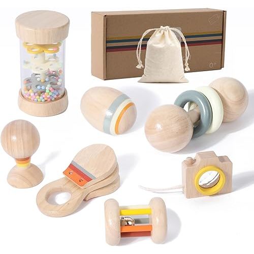 Wooden Baby Rattle Musical Set Montessori Toys for Infants 0+ Months - Rainmaker, Egg Shaker, Maracas, Ring Rattle, Bell Roller Rattle, Castanets, Kaleidoscope, Newborn Sensory Play Gift