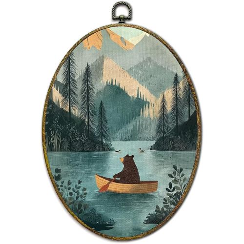 XFCICRLJ Vintage Bear Nursery Wall Art Decor, Kids Oval Canvas Prints Framed, Mountain Lake Landscape Wild Animals Riding Boat Wall Art Decorations for Playroom Kids Nursery Room Decor, 11x8.5 Inch