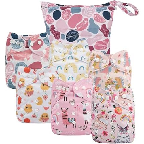 babygoal Cloth Diaper Covers 6 Pack with Wet Bag for Fitted Diapers and Prefolds with Double Gussets, Adjustable and Reusable for Baby Girls