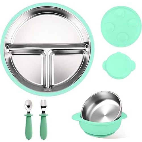 Mity rain Stainless Steel & Silicone Toddler Plates and Bowls Set with Suction,5-Piece Suction Plates & Bowls for Toddler,Removable Shell,Silicones Baby Plates for Independent Eating(Light Green)