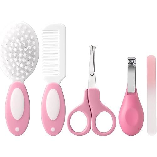 Baby Grooming Kit,Baby Health Care Kit,Baby Brush Soft Bristles 5 pcs Baby Nail Kit Nursery Care Kit Baby Hair Brush Hair Comb Nail Kit Safety Cutter Nail Clipper Set Pink