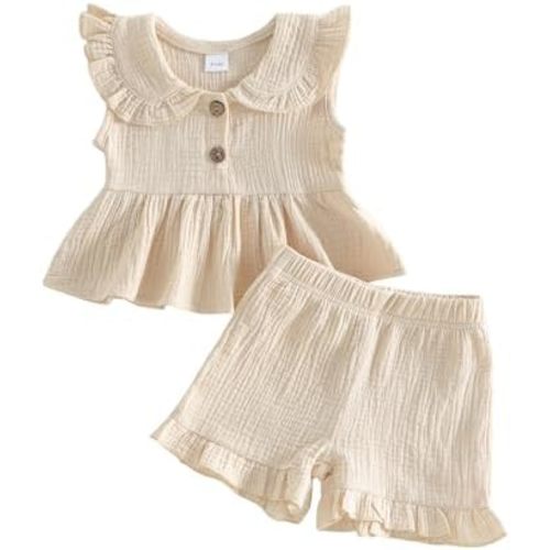 Toddler Baby Girl Outfit Solid Color Peter Pan Collar Sleeveless Vest Tops and Cotton Linen Shorts Set Summer Clothes