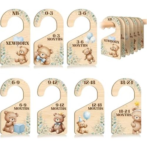 7 PCS Bear Closet Dividers for Baby Clothes, Wooden Rustic Nursery Wardrobe Organizer with Double-Sided Size Labels for Newborn to 24 Months, Woodland Baby Room Decor