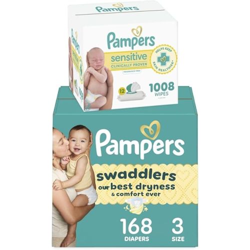 Pampers Swaddlers Disposable Baby Diapers Size 3, 168 Count with Sensitive Water Based Baby Wipes 12 Flip-Top Packs (1008 Wipes Total)